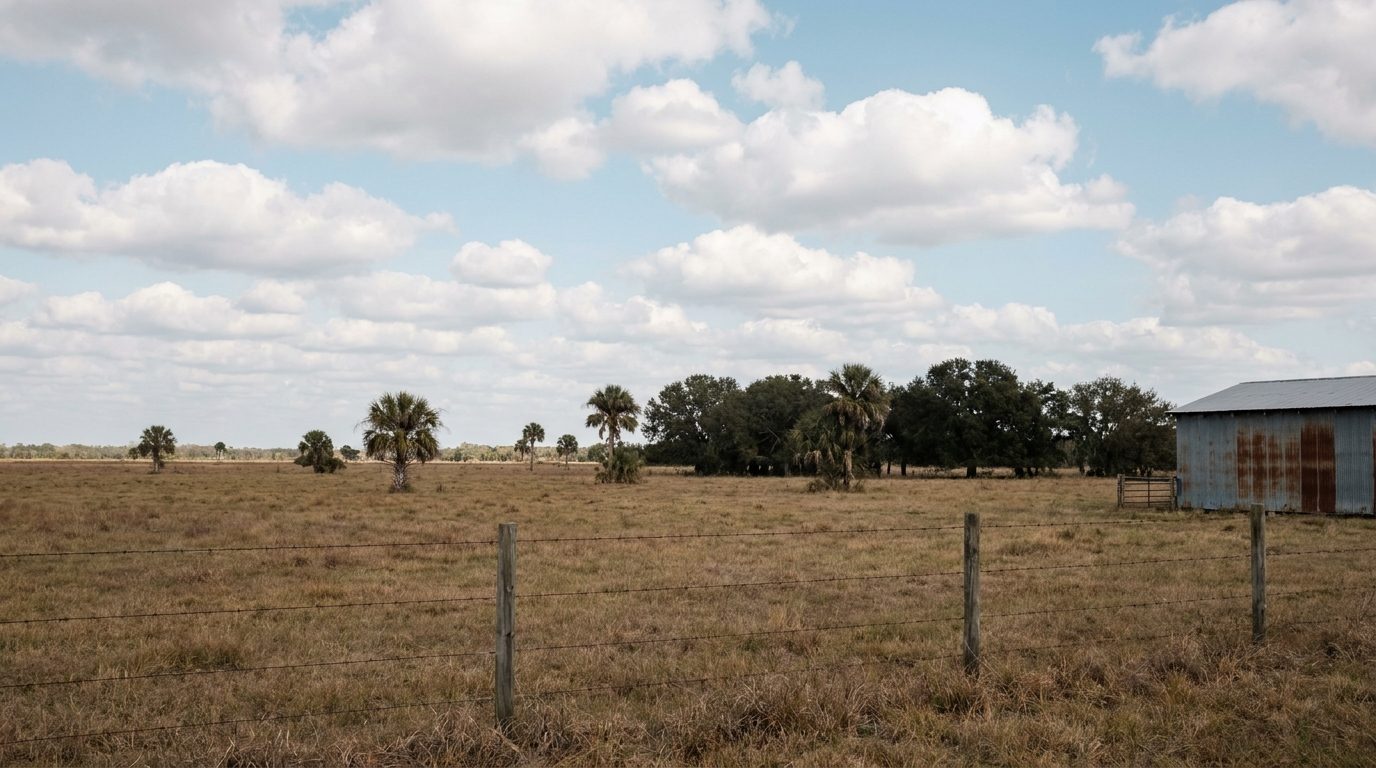 Open cattle pasture and a metal storage building in rural Okeechobee County, Florida
