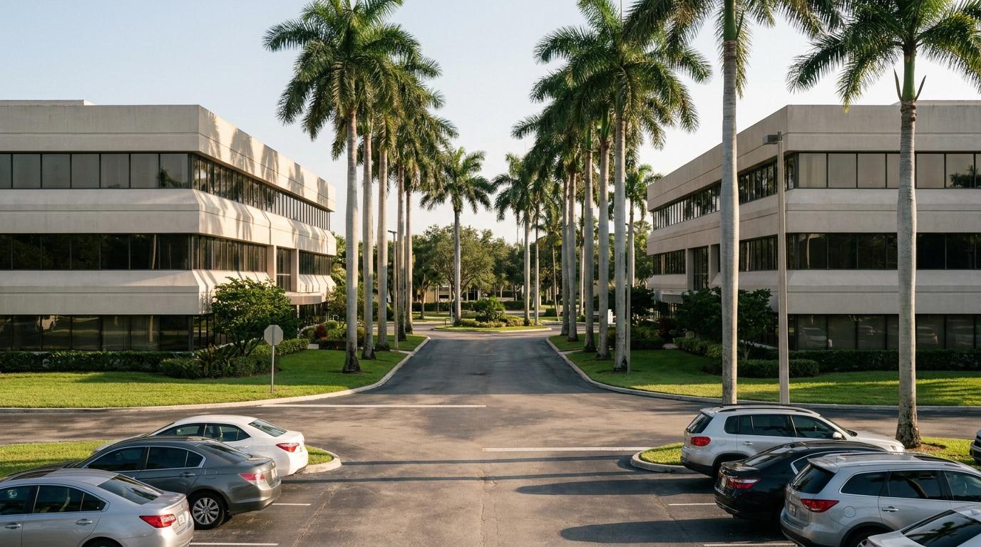 A suburban corporate office park with royal palms in Plantation, Florida