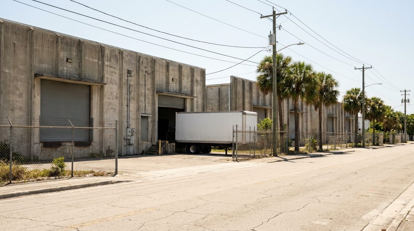 A light-industrial warehouse row with loading doors and palms in Pompano Beach, Florida
