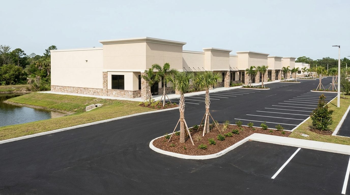 A newly built commercial plaza with fresh parking and young palms in Port St. Lucie, Florida
