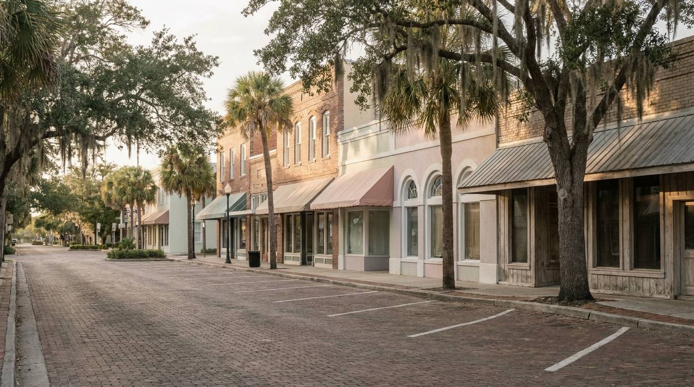 A quiet coastal shopping street with awnings and live oaks in Vero Beach, Florida