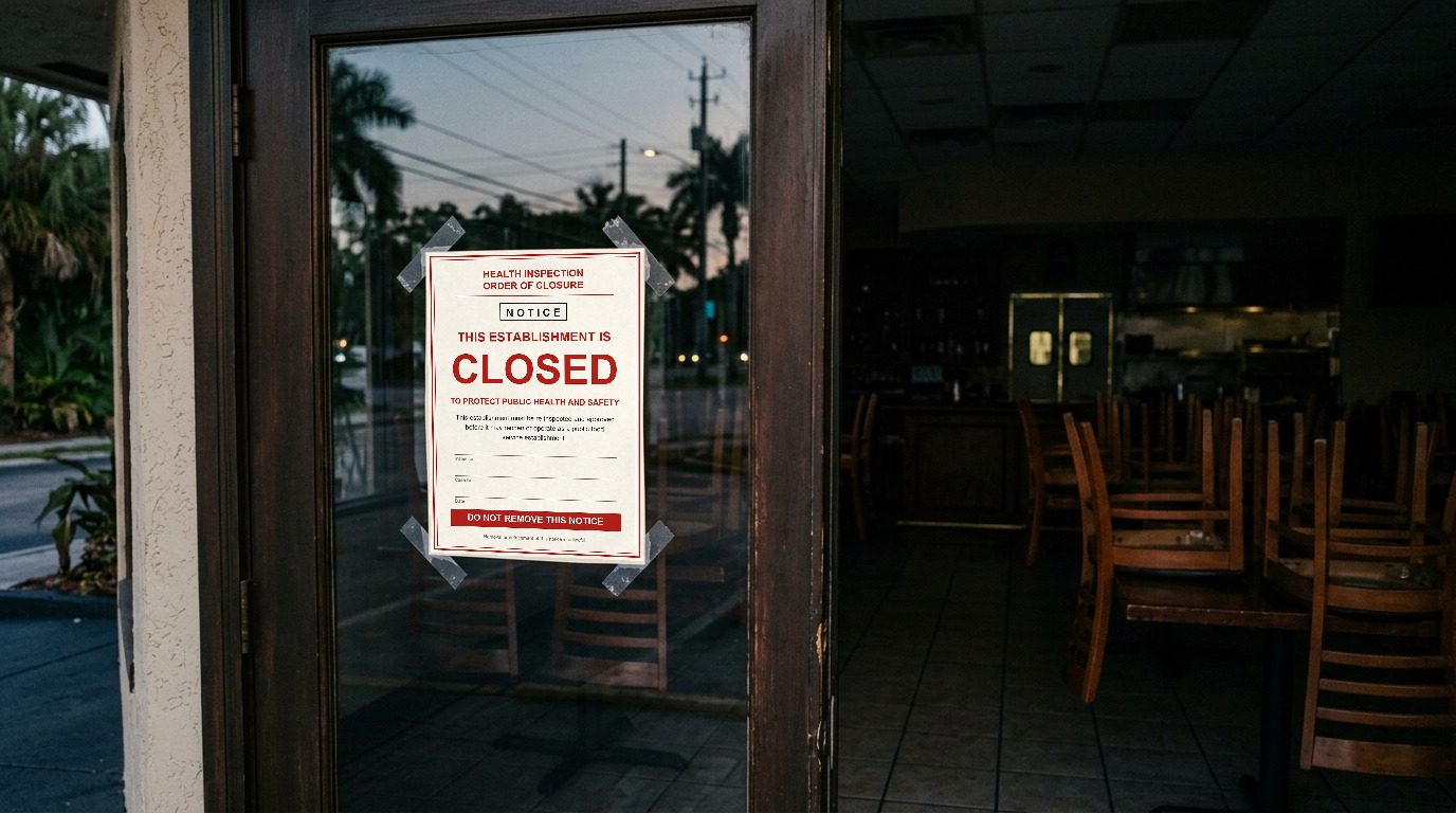 A notice taped to the door of a closed restaurant