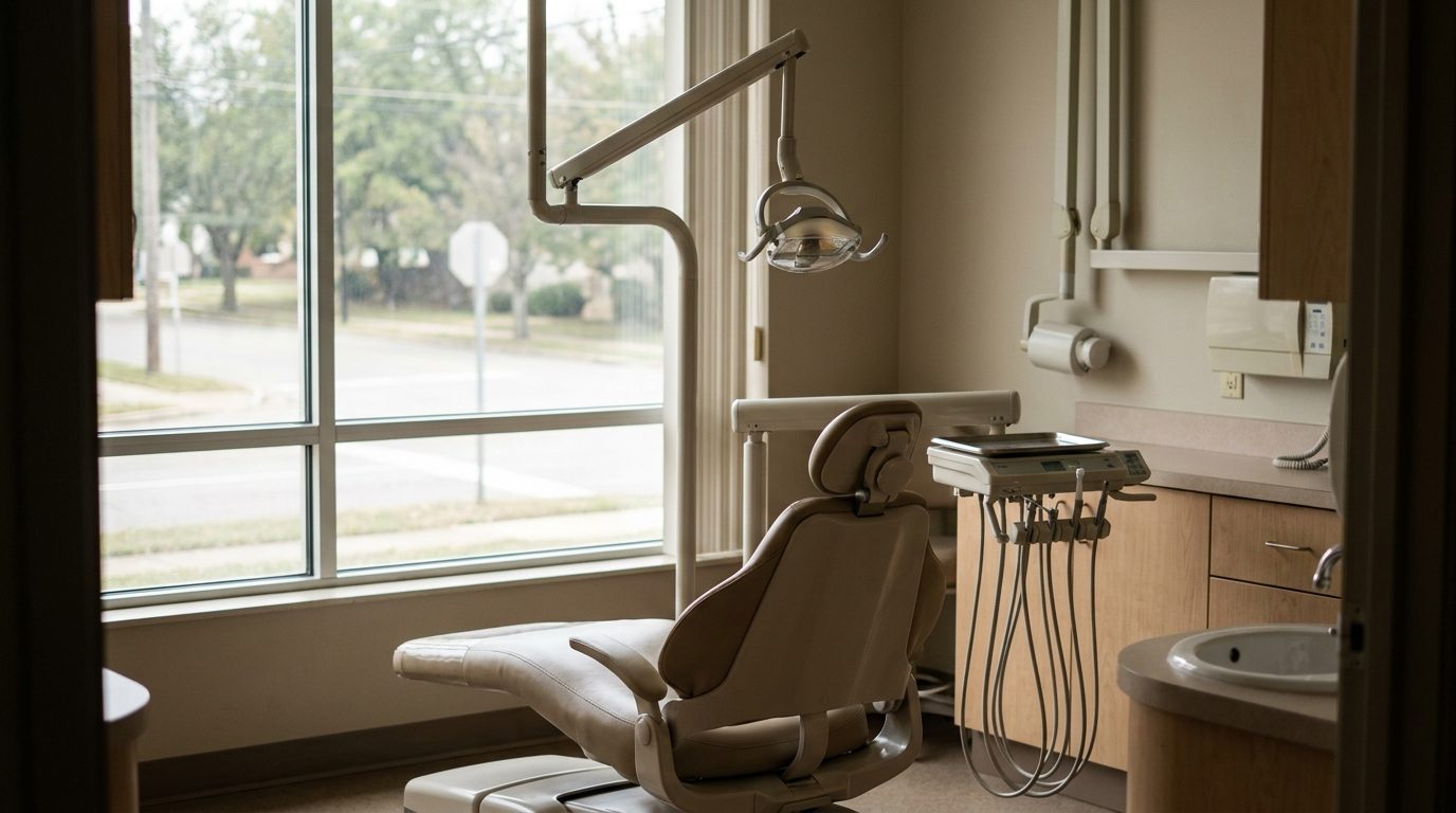 An empty dental operatory with the chair and delivery unit, the kind of practice Venus Pest Control services after hours