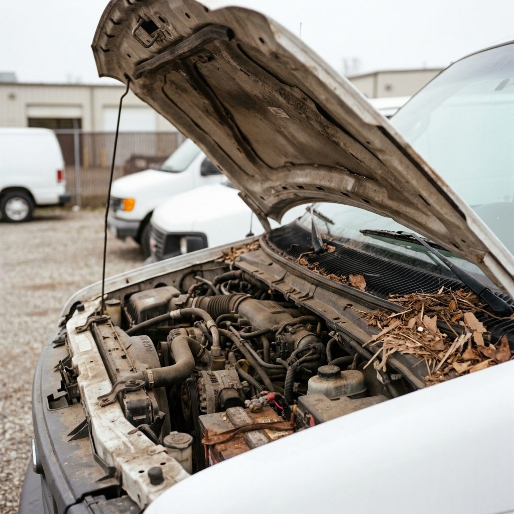 An open engine bay on a fleet van with leaf litter and nesting debris collected against the firewall