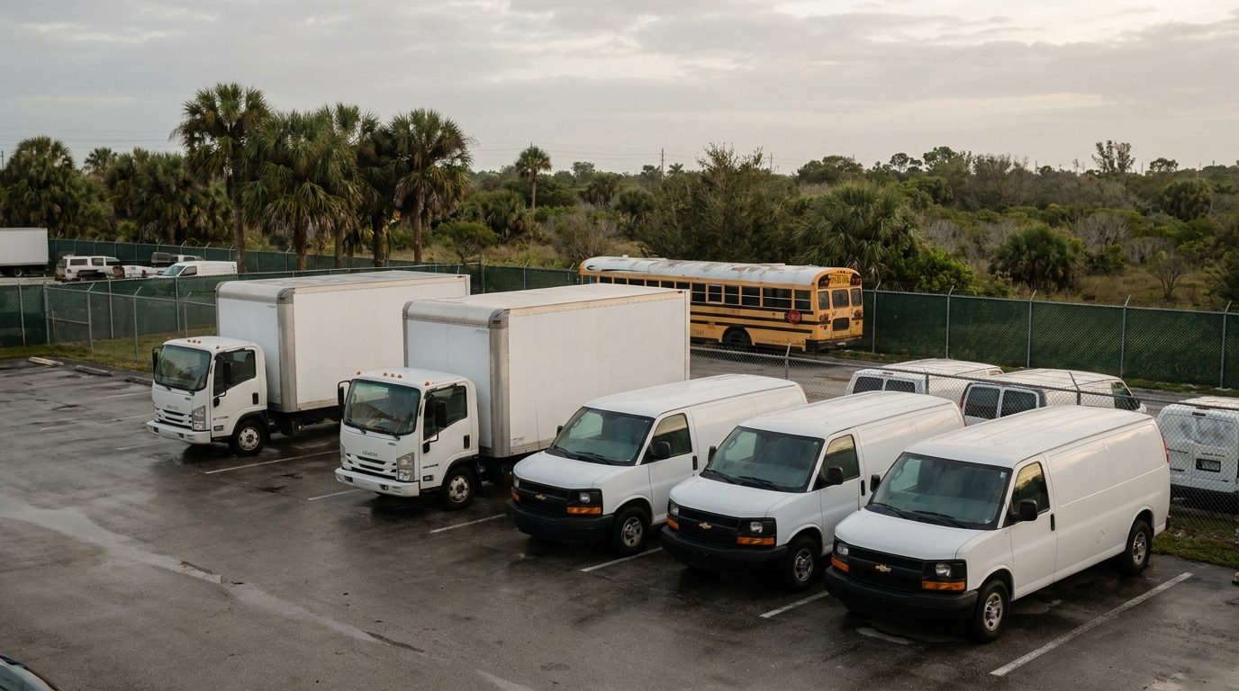 A commercial fleet yard in South Florida with box trucks, cargo vans and a school bus parked in rows