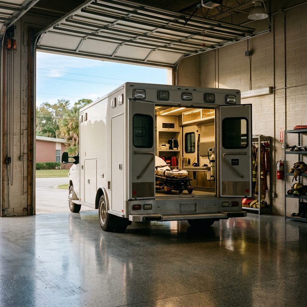 Ambulance in an apparatus bay