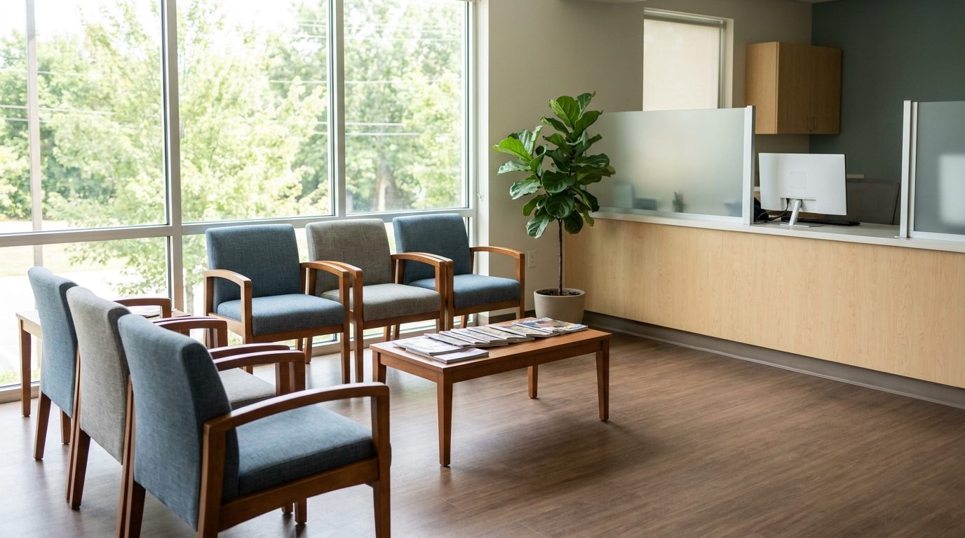 An empty outpatient clinic corridor with exam room doors, the kind of healthcare facility Venus Pest Control services