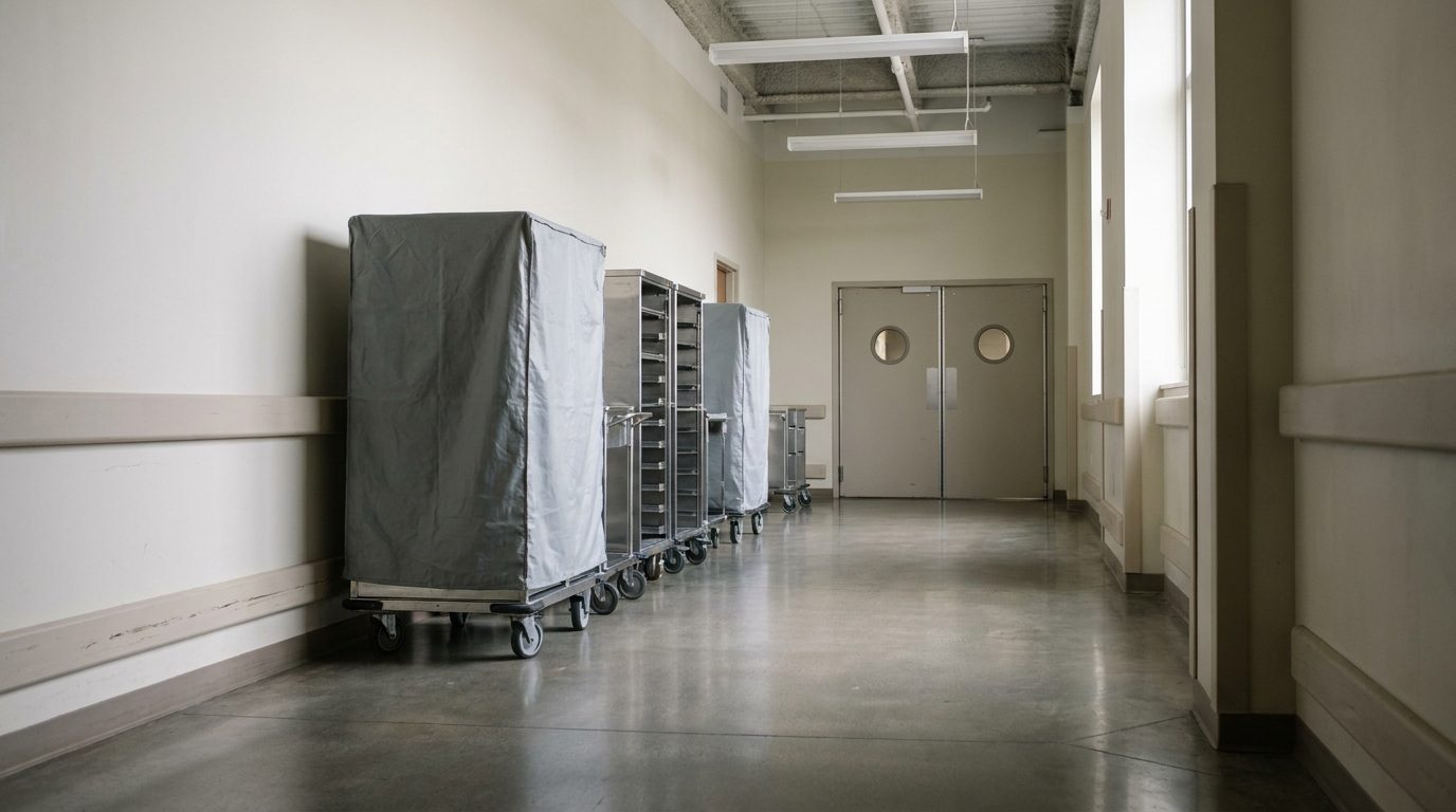 A hospital back-of-house service corridor with stainless supply carts, where a hospital pest control program is run