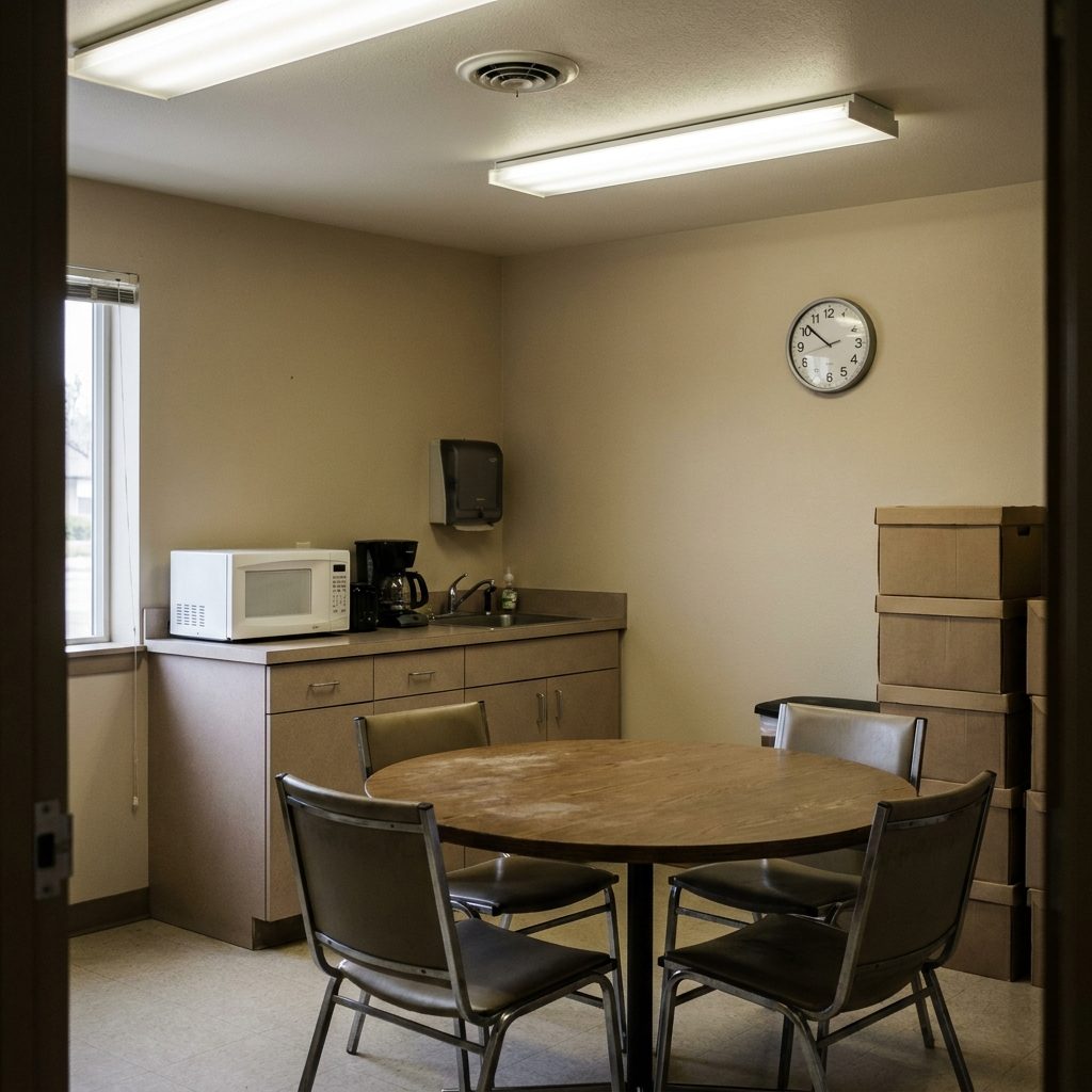 A medical office staff break room with a microwave, coffee maker and stacked supply boxes