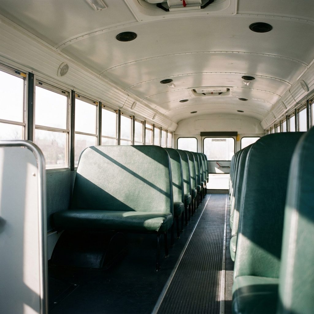The aisle of an empty school bus, showing the seat seams and floor channels where food debris collects