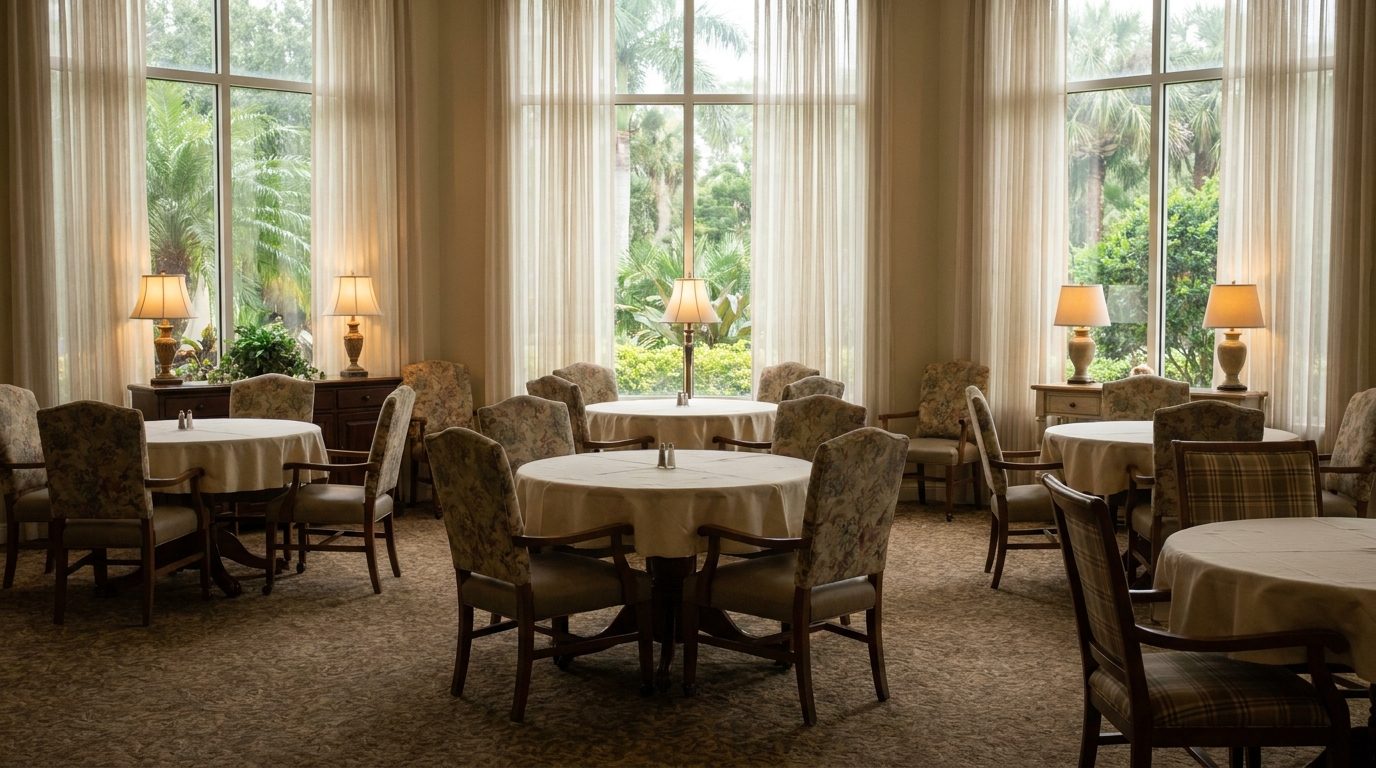 An empty dining room in a Florida senior living community, a common area covered by a senior living pest program