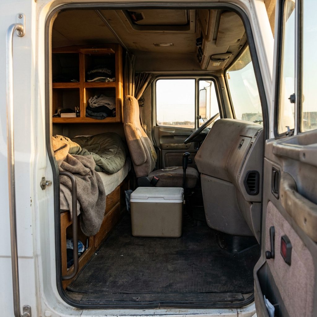 Inside a truck sleeper cab, showing the bunk and storage where bed bugs and roaches harbour