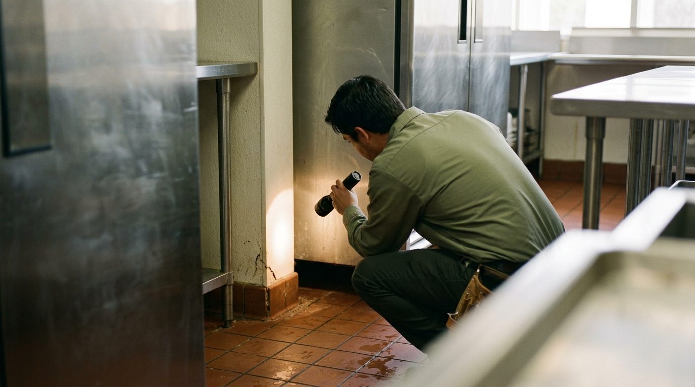 Technician inspecting a wall and floor junction with a flashlight